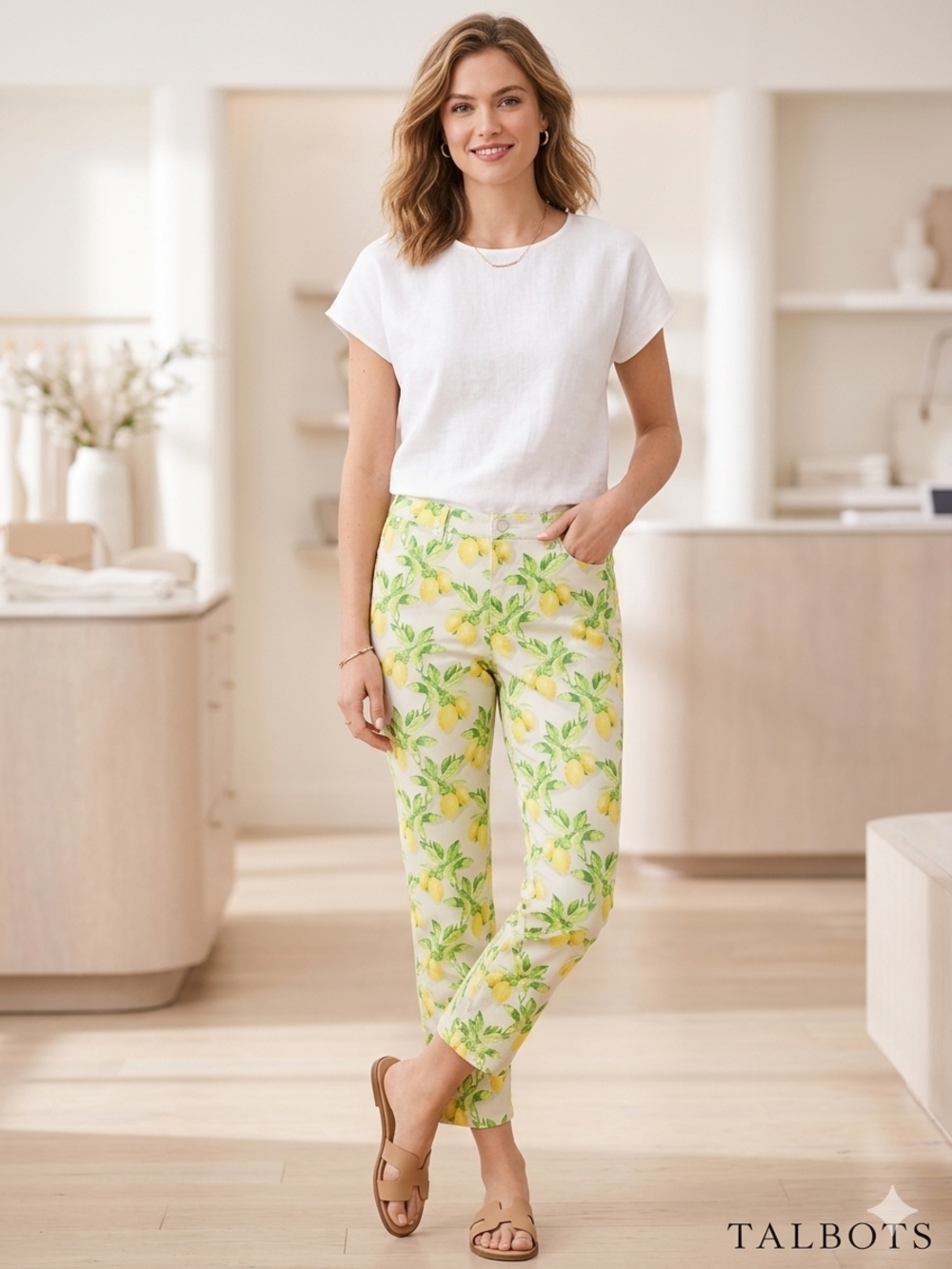 Talbots White Lemon-Print Cropped Slim Pants